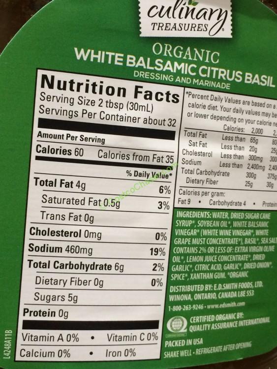 Culinary Treasures Organic Dressing White Balsamic Citrus 32 Ounce