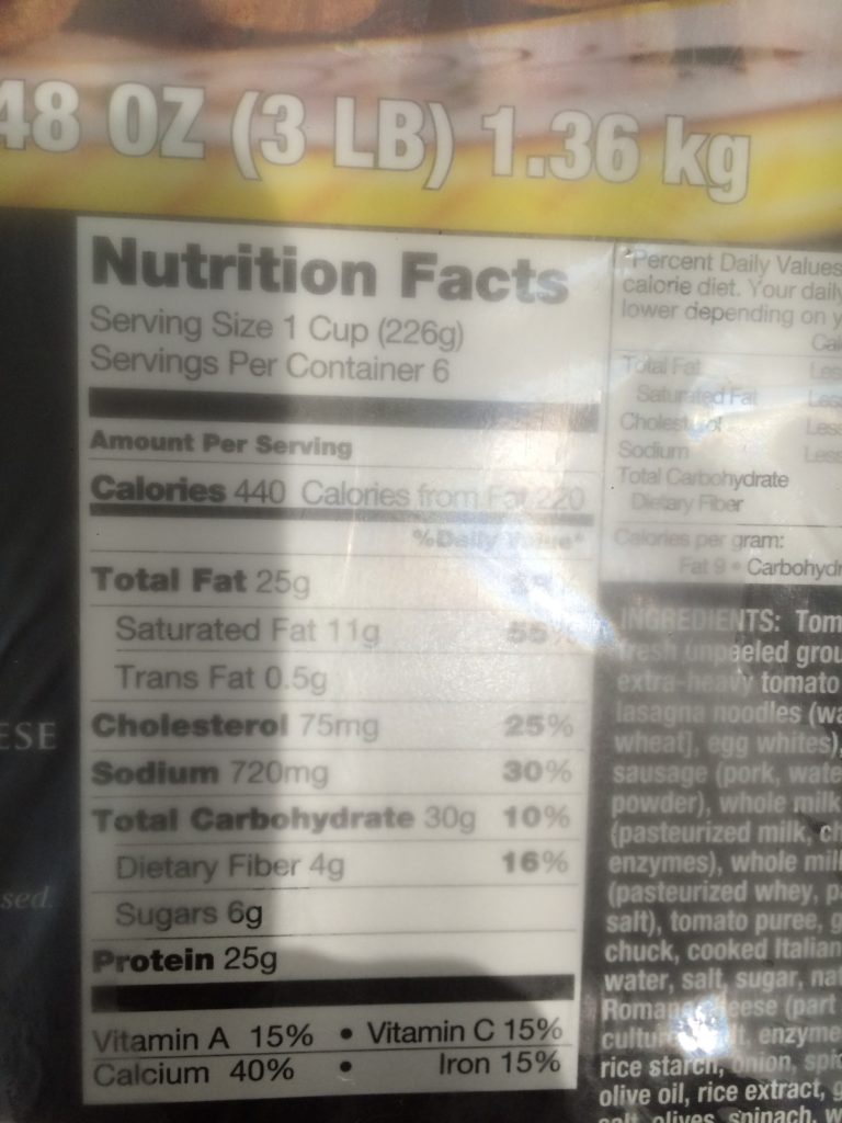 Costco992437KirklandSignatureSausageBeefLasagnachart CostcoChaser