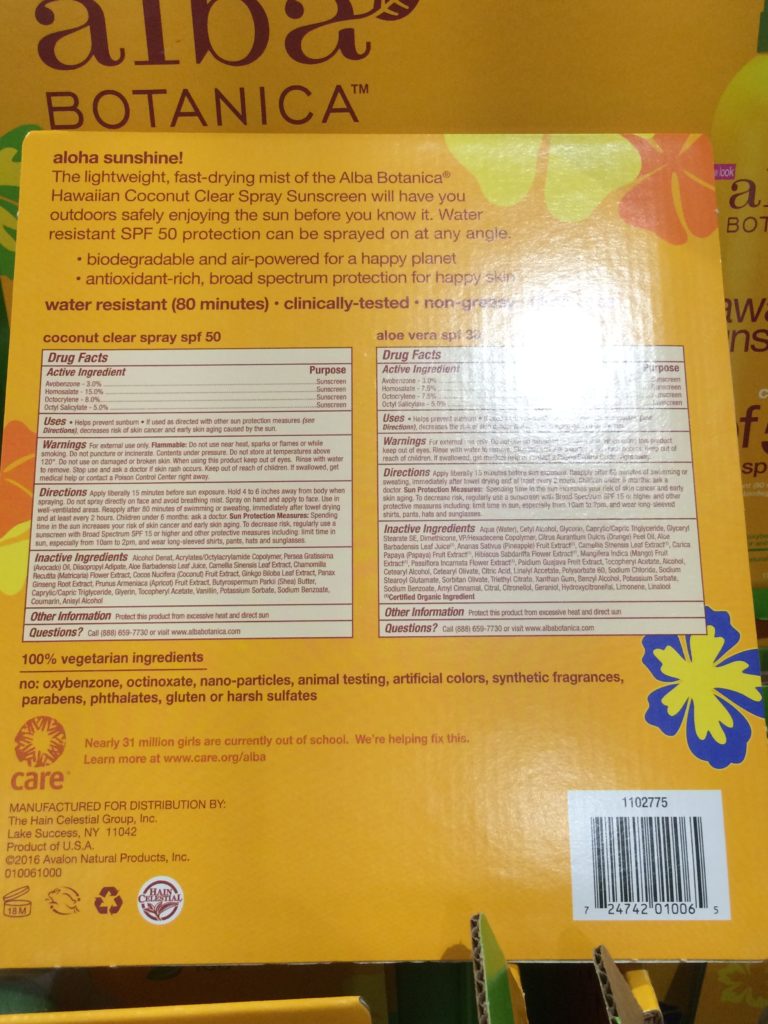 Costco1102775 AlbaBotanicaHawaiianSunscreenSpraySPF50back