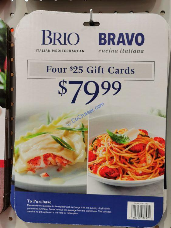 Bravo Brio Restaurants Gift Cards, Four $25 Gift Cards