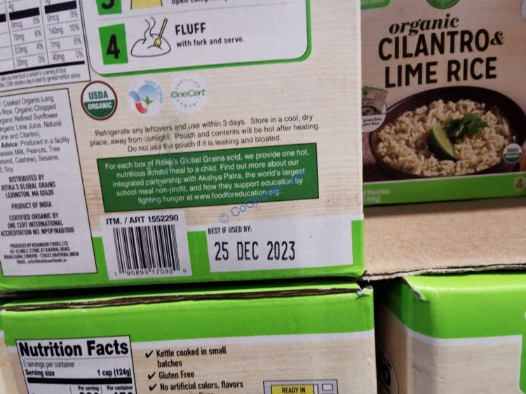Ritika’s Global Grains Organic Cilantro Lime Rice 6/8 Ounce Pouches